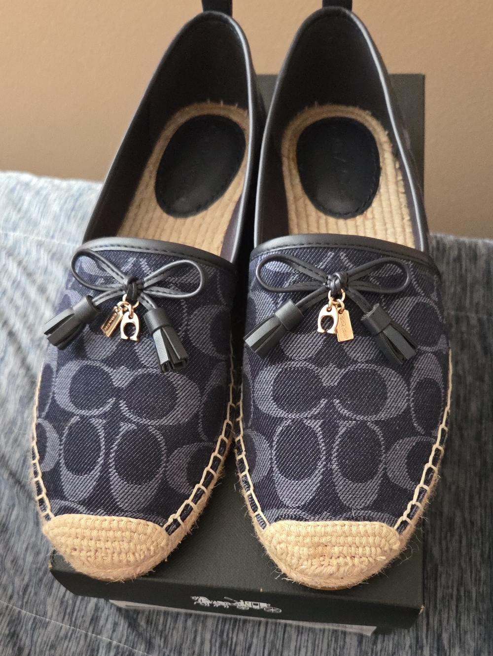 Coach Navy Logo Espadrille Flats with Tan Jute Trim